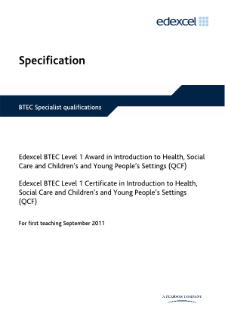BTEC Level 1 Introduction to Health, Social Care and Children and Young People's Settings specification